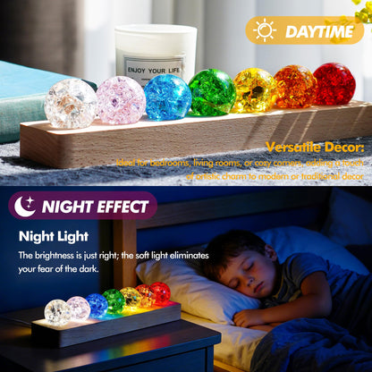 LOULIQIGIFT 7 Colors Ice Cracked Balls with LED Wooden Base 40mm Healing Sphere Balls Set Crystal Chakra Night Light Decor
