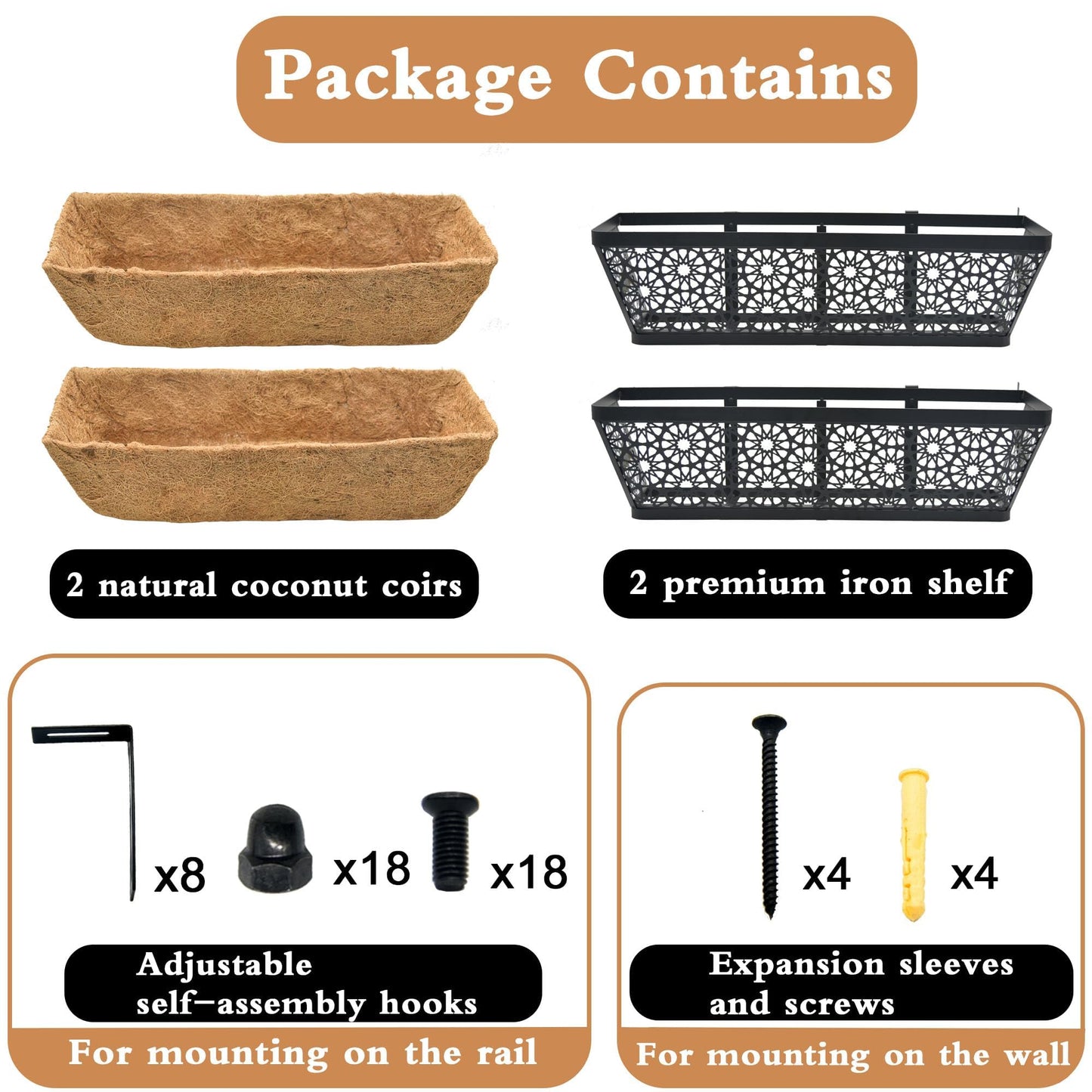 XXFBJNMD 2 Pack 24 Inch Window Boxes Planters with Coco Coir Liner Metal Hanging Flower Planter Window Basket Deck Railing Planter Boxes for Outdoor Indoor Lawn