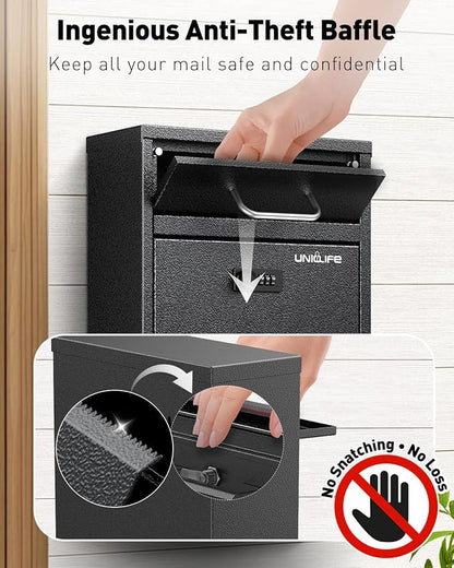 Uniclife Wall Mount Mailbox for Outside, Anti-Theft Heavy Duty Locking Mailbox, Large Mailbox with Combination Lock, Security Mail Box, Safe Key Drop Box, Post Box, Steel Cash Drop Box for Home, Black