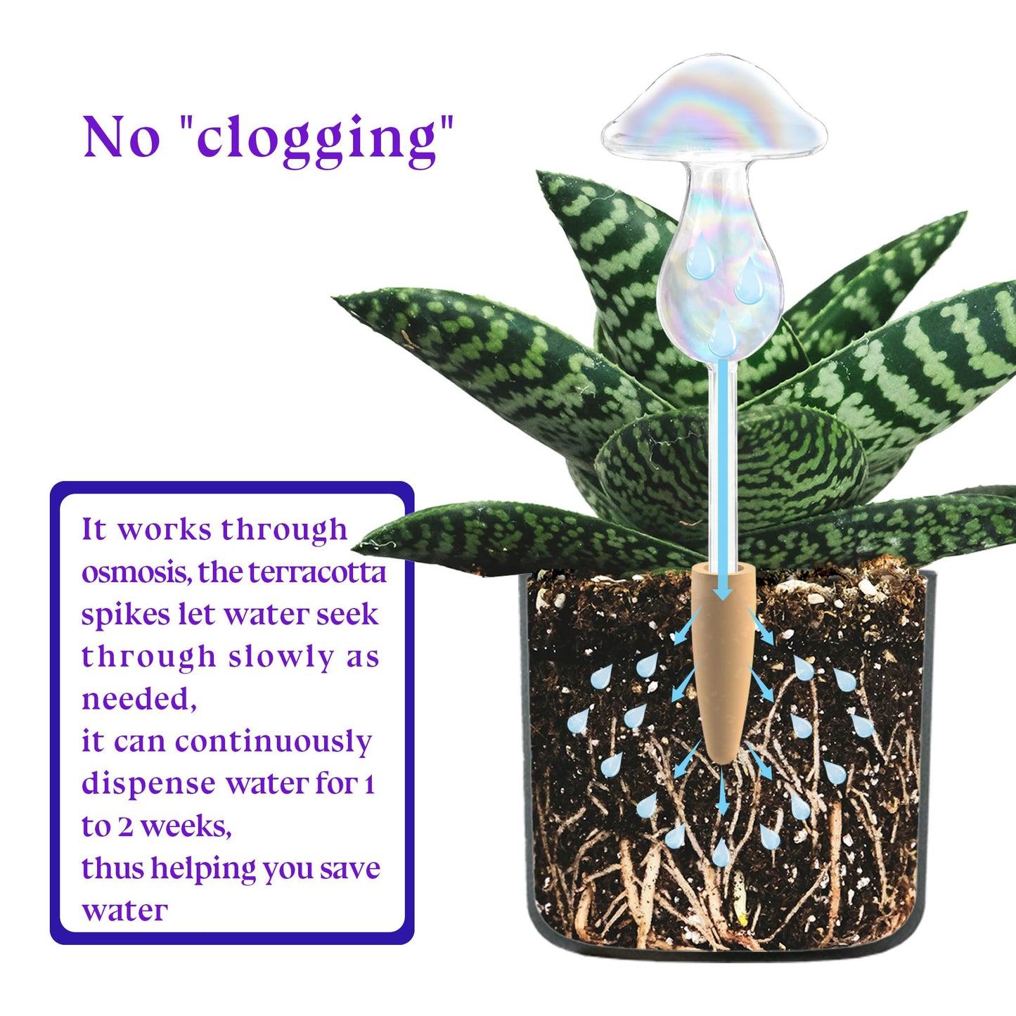 HyJeryty Non-Clogging Iridescent 3 Pack Mushroom Plant Watering Globes with Terracotta Spikes, Hand Blown Glass Self Watering Planter Insert Plant Watering Devices Bulbs for Indoor and Outdoor Plants