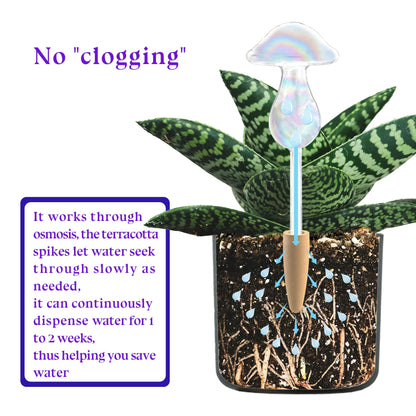 HyJeryty Non-Clogging Iridescent 3 Pack Mushroom Plant Watering Globes with Terracotta Spikes, Hand Blown Glass Self Watering Planter Insert Plant Watering Devices Bulbs for Indoor and Outdoor Plants