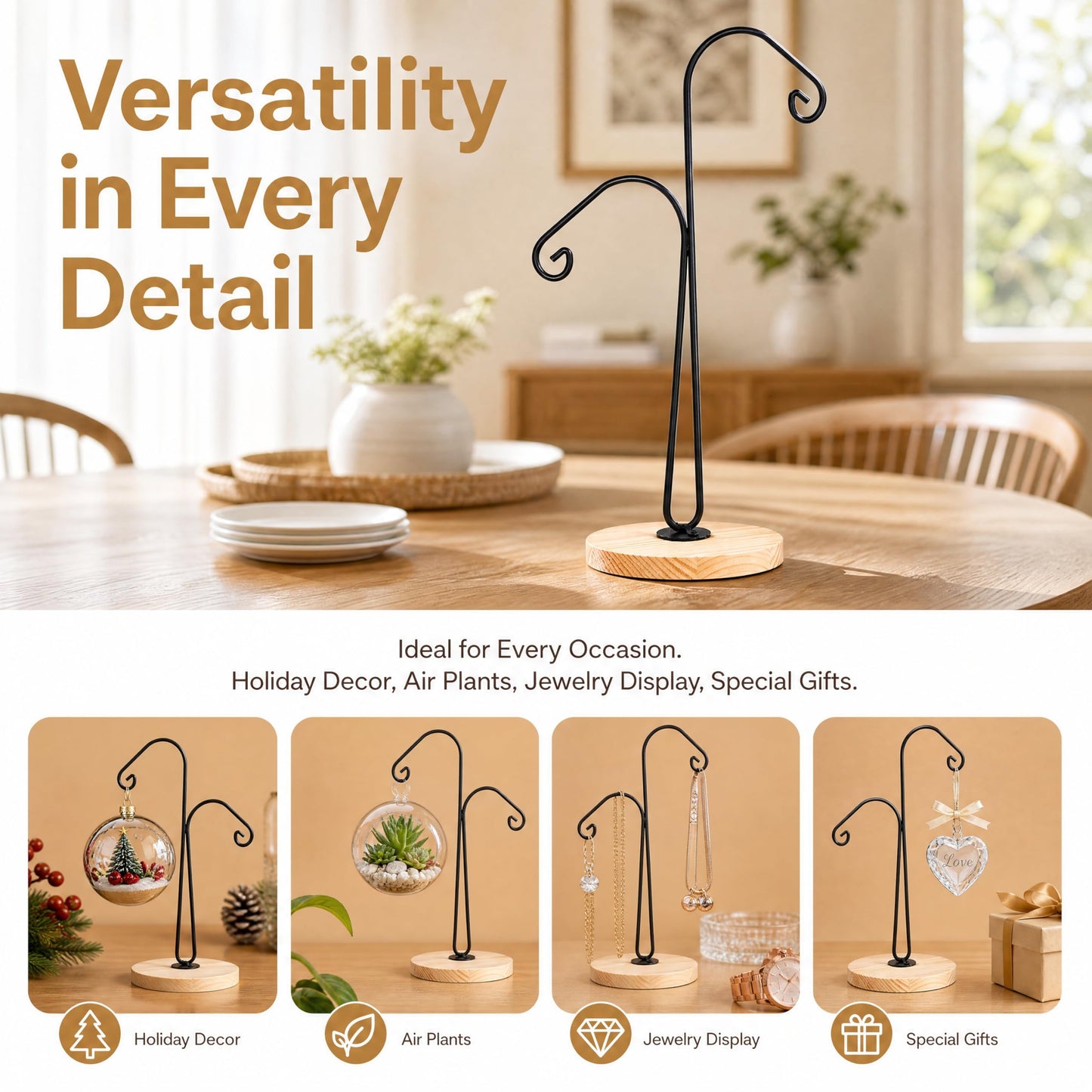 WRINGKIT 4 Pack Ornament Display Stand, Ornament Hanger Stand with 2 Arms, Metal Air Plant Flower Holder, Hanging Terrarium Stand for Christmas Halloween Decoration, Glass Crystal Ball