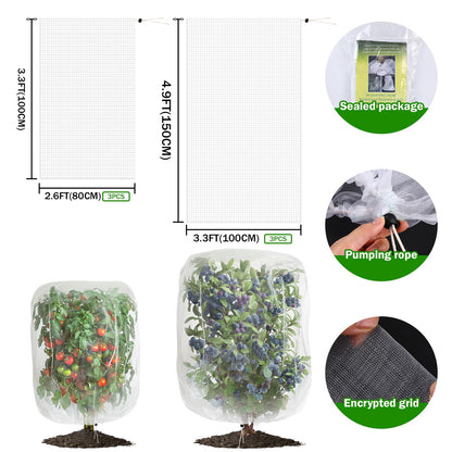 6 Pack Garden Netting for Plants 2.6x3.3ft - 3.3x4.9ft Mesh Fruit Tree Blueberry Pest Barrier Bug Netting with Drawstring 2-Size Insect Bird Netting for Tomato Vegetable Net
