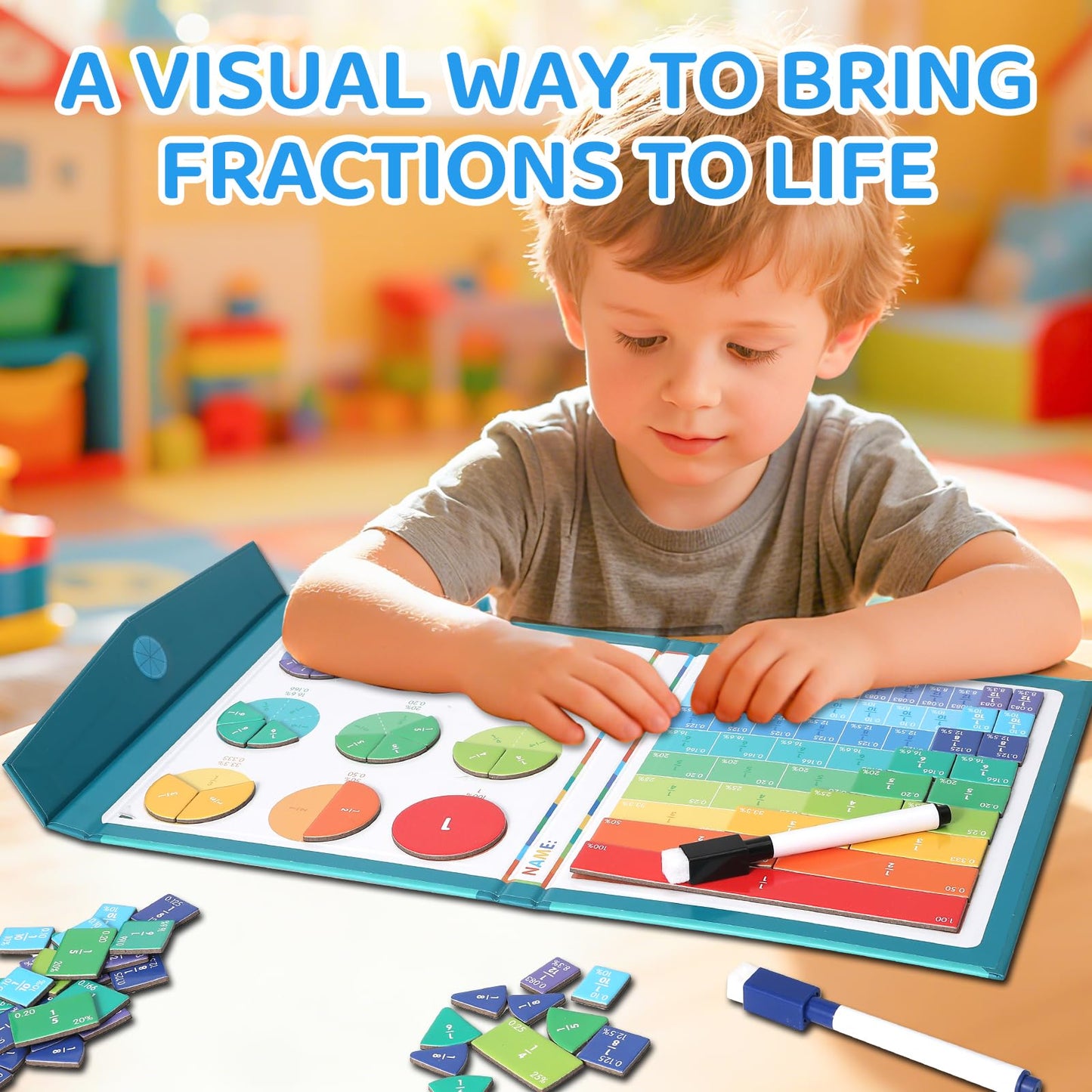 KAK Magnetic Fraction Demonstration Book for Kids, 51 Pcs Montessori Math Manipulatives with Fraction Tiles & Circles, STEM Learning Toys for Elementary School, Homeschool Supplies (Grades K-5)