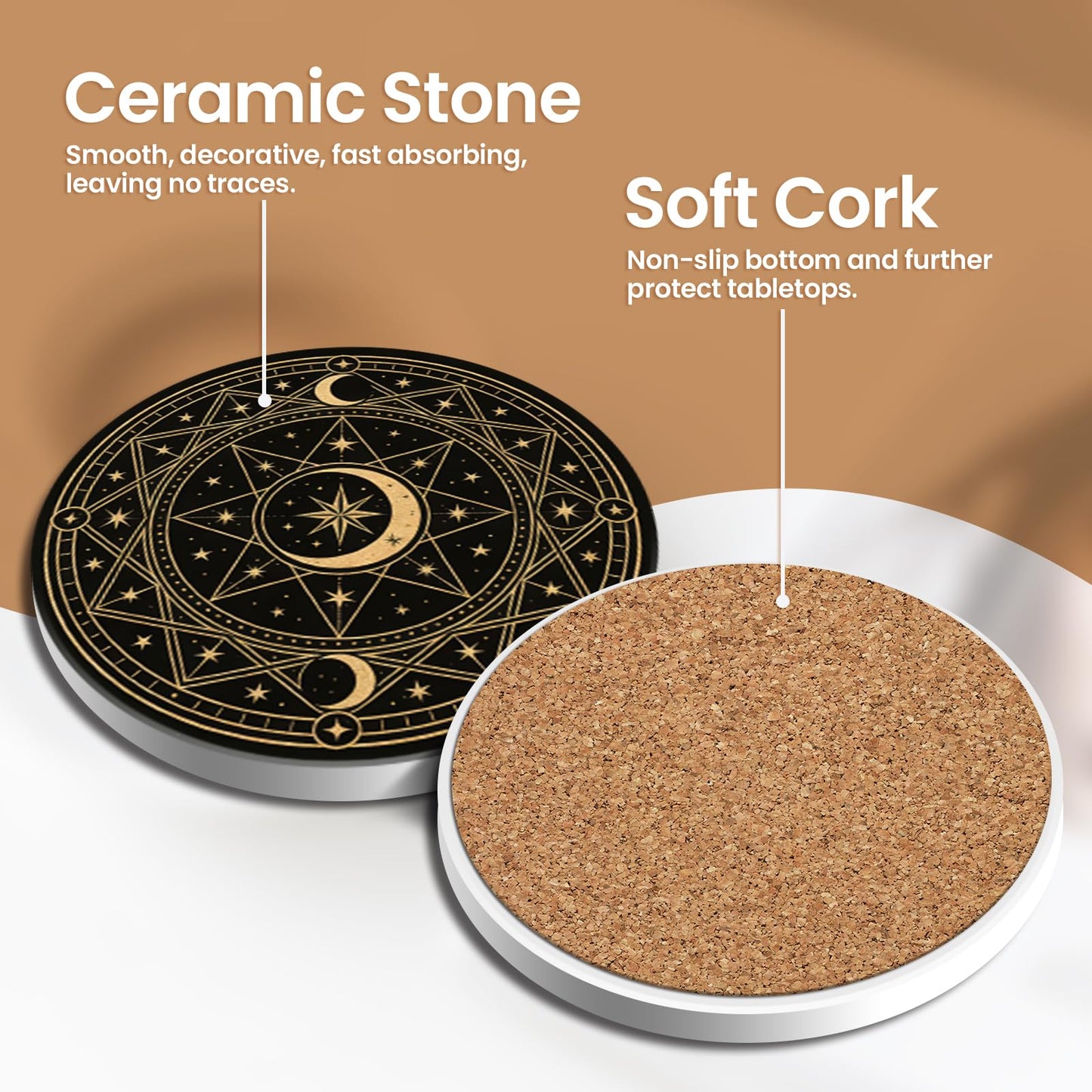 Fun Ceramic Coasters for Drinks, Round Absorbent Drink Coasters Set of 8 with Holder, Moon Phase Coaster with Cork Backing for Table Desk Protection, Mat for Mugs and Cups, Office Home Decor