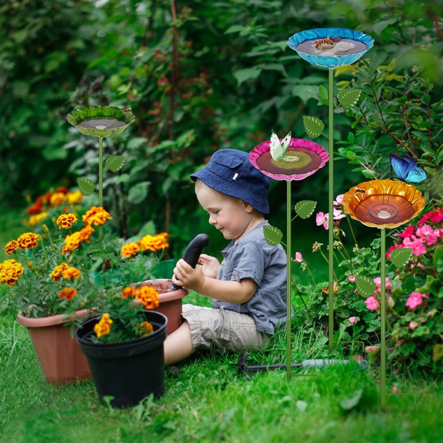 Retyion Bee Watering Station | 2 Pack Bee Baths for Garden | Metal Flowers Decorative Garden Stakes | Butterfly Feeder for Outside Garden Yard Decor (Blue,Yellow)