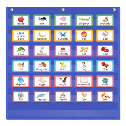 AUVCAS Standard Pocket Chart Clear 7 for Classroom & Home Heavy Duty Hanging Pocket Chart for Word Wall/Letter Cards/Sentence Strips 28Wx28L,Blue