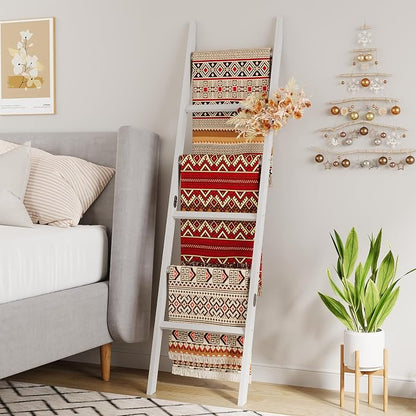 Bamboo Towel Rack 6-Tier Blanket Ladder for Living Room, Bedroom, Bathroom Space-Saving Decorative Ladder for Quilts, Towels and More White