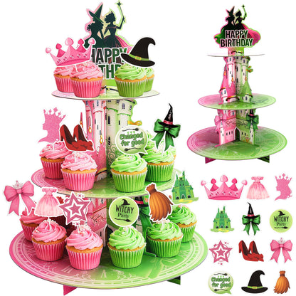 Princess and Witch Cupcake Stand with Cupcake Toppers – 3 Tiers Pink and Green Wizard Cupcake Tower with 24 PCS Witch and Fairy Cupcake Toppers for Birthday Decorations