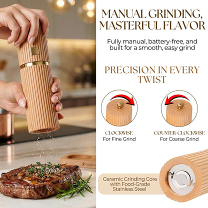 Wooden Salt and Pepper Grinder Set – Refillable Beechwood Salt & Pepper Mills with Gold Accents, Adjustable Ceramic Mill, Matching Wood Stand – Premium Kitchen Gift Set