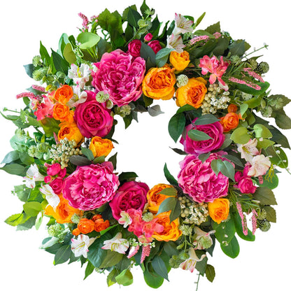 CHvista 24 Inch Spring Wreaths for Front Door Outside,Handcrafted Garden Rose & Peony Style Summer Wreath with Pink,Orange Ivory Flowers- Lush Spring Door Wreath for Farmhouse Home Wall Porch Window