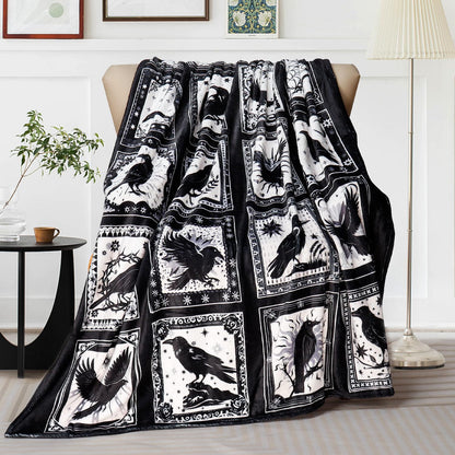 Bird Blanket Halloween Black Gothic Throw Blanket Ultra Soft Retro Hummingbird Blankets Raven Crow Throw Bird Lover Gift Bed Cover Cozy Flannel Fuzzy Plush Couch Cover for Sofa 50" X 60"