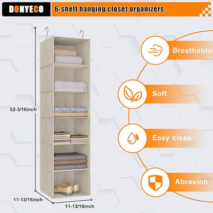 Hanging Closet Organizer 6-Tier, Oxford Wardrobe Storage, Beige Houndstooth | Easy-mount foldable design holds clothes, handbags, shoes & accessories; washable Oxford fabric, sturdy and space-saving.