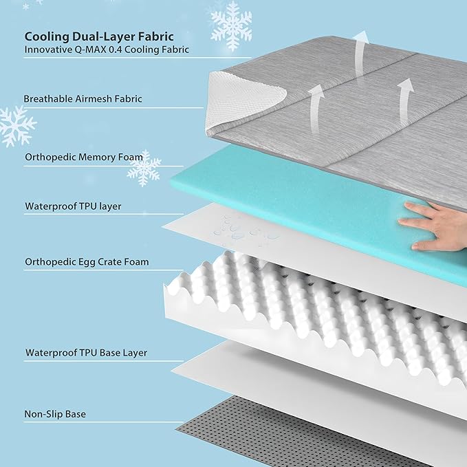 Cooling Dog Bed for Large Dogs - Orthopedic Pet Beds with Memory Foam, QMAX>0.5, Waterproof Removable Washable Cover for Hot Weather, Gery, 35" L x 23" W x 3" H