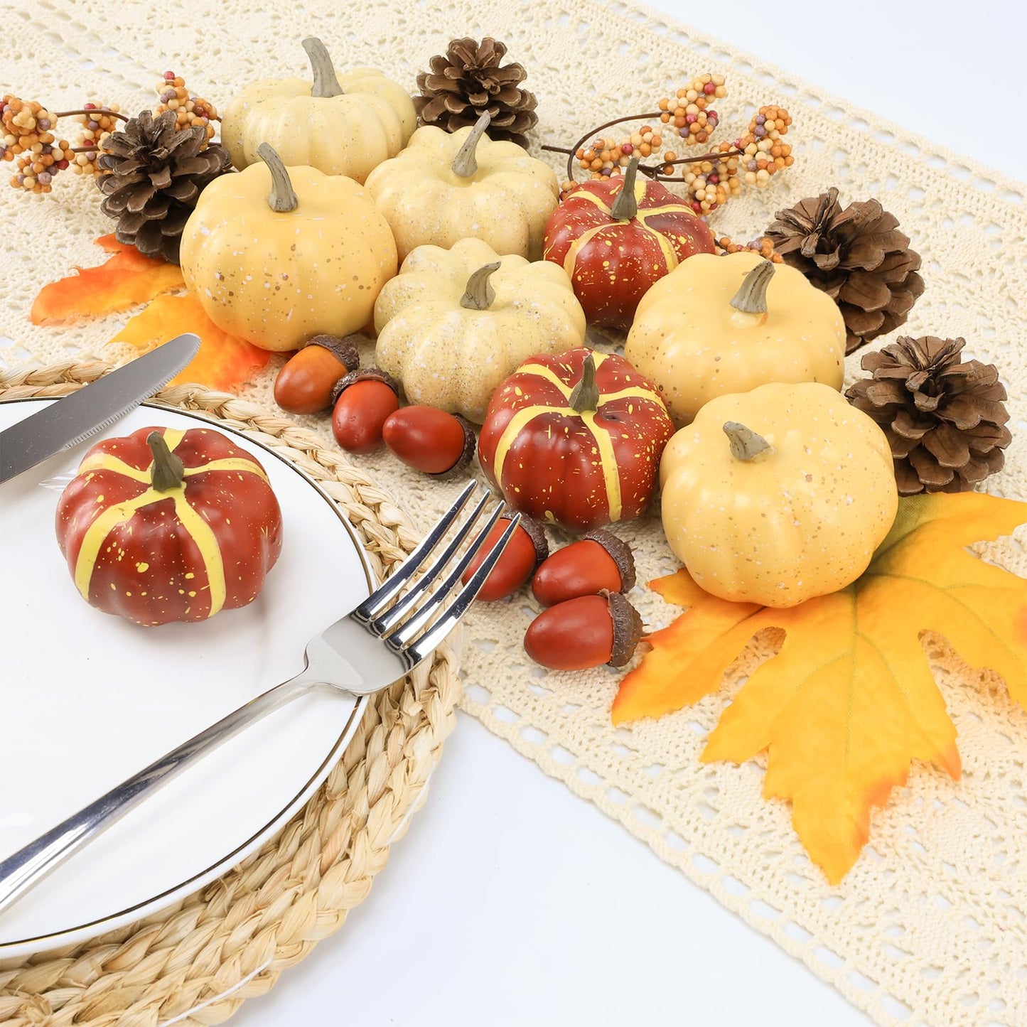 23Pcs Fake Pumpkins Fall Thanksgiving Decorations,Plastic Pumpkins with Acorns,Maple Leaves,Pine cones,Berries, Artificial Mini Pumpkin Decorating Harvest Home Decor Centerpiece Table Decorations