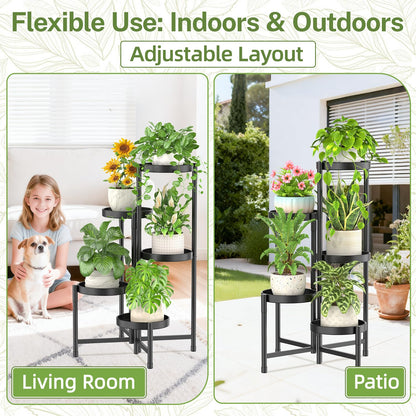 iDavosic.ly Plant Stand with Garden Tools, 5 Tier Corner Metal Flower Display Holder Shelf Indoor Outdoor, Folding Tall Orchid Rack for Patio Balcony Porch Living Room House, Black