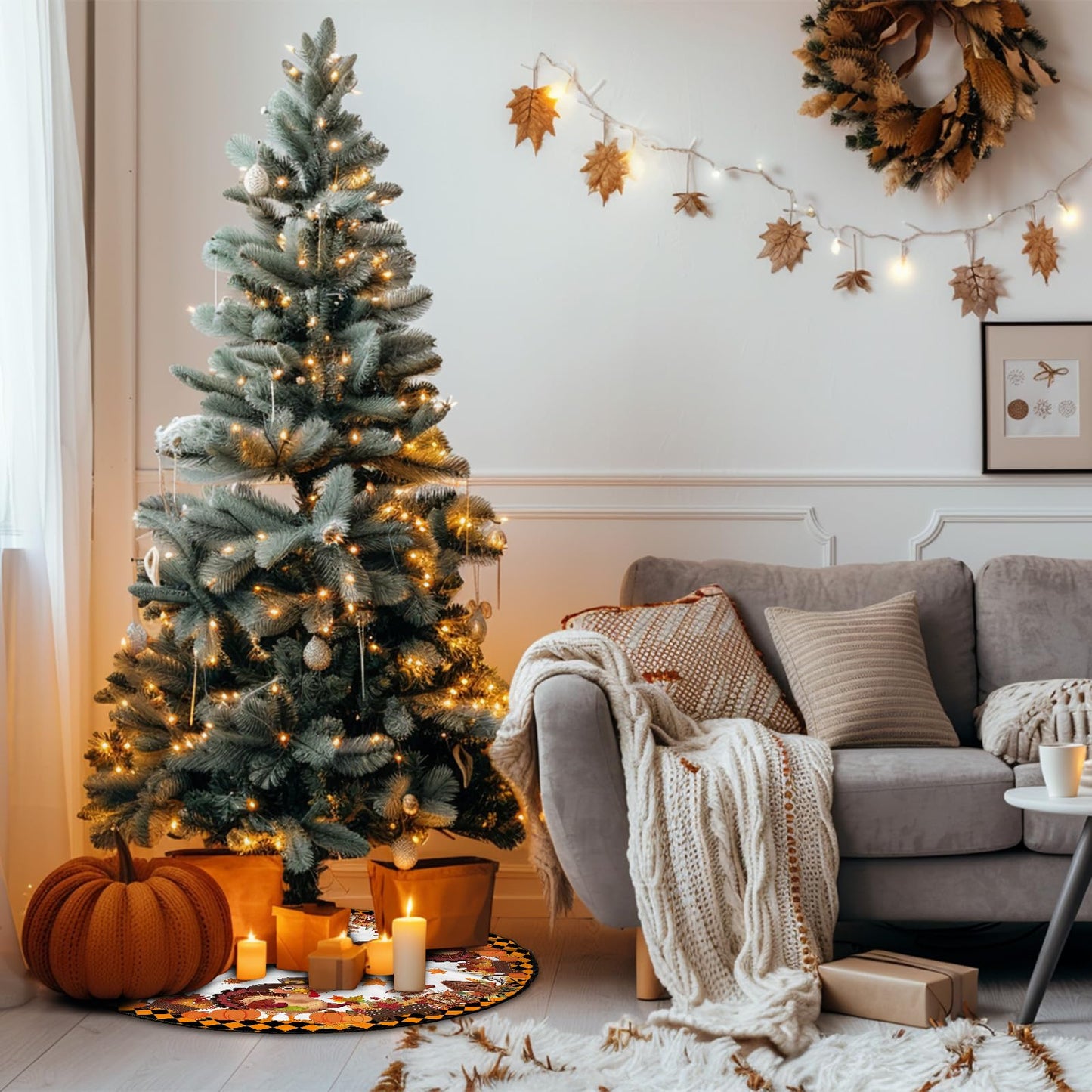 Orange Christmas Tree Skirt 36 Inch Reversible Halloween Thanksgiving Double Side Print Tree Skirt Fall Christmas Tree Skirt for Party Indoor Outdoor