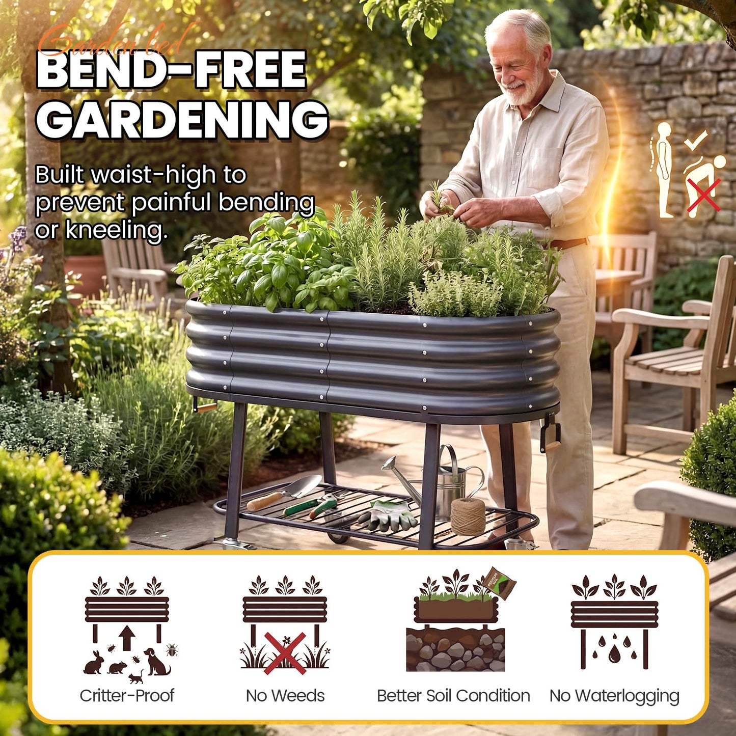 KING BIRD Large Raised Garden Bed with Legs Galvanized Elevated Planter Box 47.2x23.6x29.9 in for Backyard, Patio, Balcony, Dark Grey