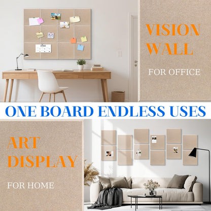 DOLLAR BOSS Large Cork Board for Wall 48" x 36" x 0.5" Bulletin Board 12 Packs Corkboard Tiles Self Adhesive Felt Wall Tiles for Office Home School, Latte