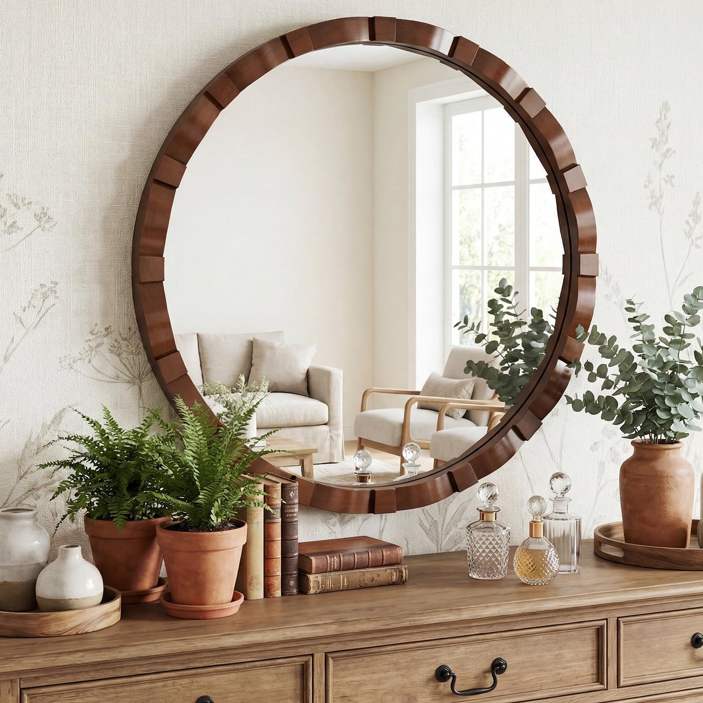 MYOTA Round Wood Wall Mirror - 31.5" Farmhouse Rustic Wall Decorative Mirrors, Wooden Circle Boho Accent Mirror for Living Room, Bedroom, Bathroom, Entryway, Hallway, Fireplace (Walnut)