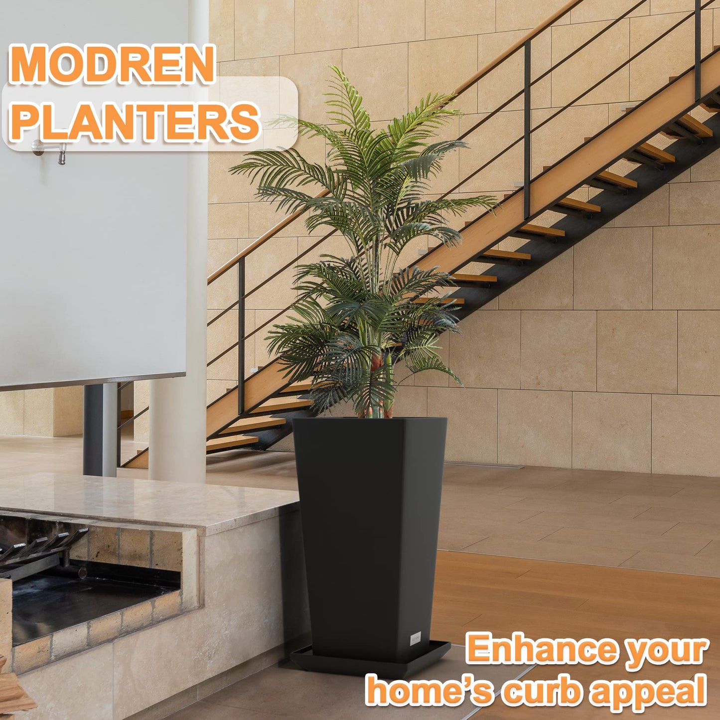 Elevens Outdoor Planter Larger Flower Pots Indoor Taper Garden V-Shape Tall Planters 28 inches Garden Pots Planter with 2 Trays - Black（2 Packs）, 28"-2 Pack (A-GE01002)