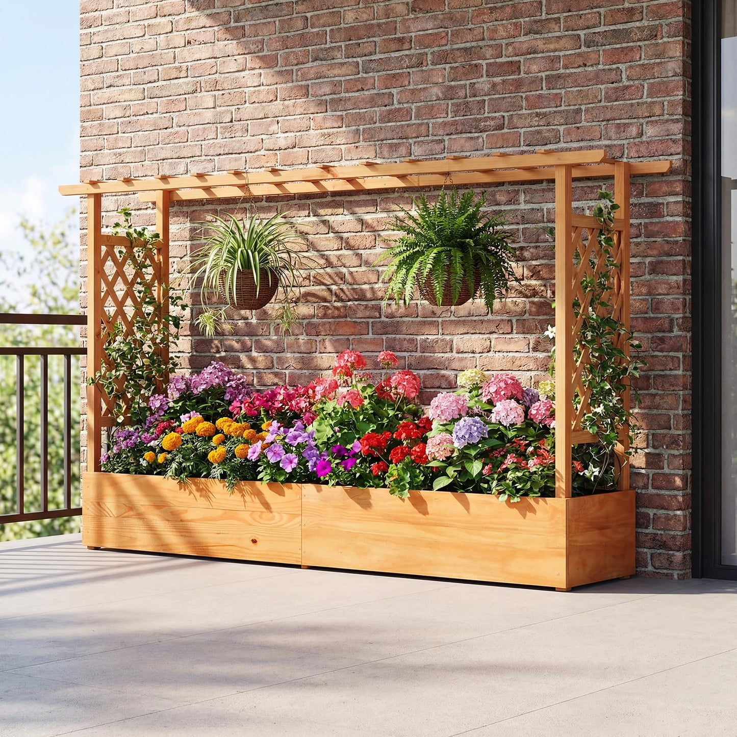 Giantex Raised Garden Bed with Trellis & Hanging Roof, Wood Planter Box with Bottom and Drainage Holes, Freestanding Garden Planter for Flower Vegetable Fruit Herb Climbing Vines (79" x 17.5" x 45")
