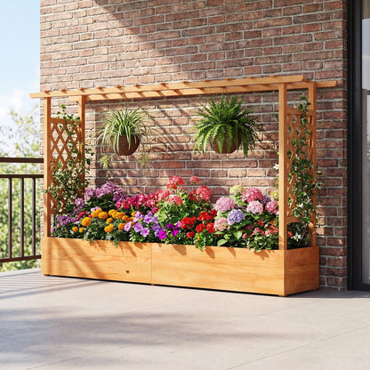 Giantex Raised Garden Bed with Trellis & Hanging Roof, Wood Planter Box with Bottom and Drainage Holes, Freestanding Garden Planter for Flower Vegetable Fruit Herb Climbing Vines (79" x 17.5" x 45")