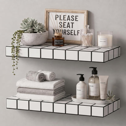 ZttRiee Floating Shelves, Set of 2, 15.7" W, White Frame Black Lines