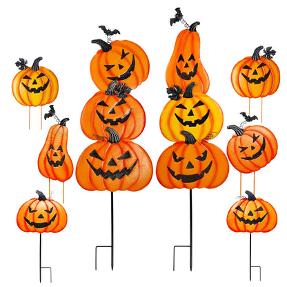 CAMATET Halloween Metal Pumpkin Yard Stakes, Detachable and Stackable Pumpkin Signs Garden Stake with Paper Witch Hanging Decor, Outdoor Halloween Decorations for Front Porch Lawn Party (Set of 6)