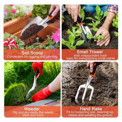 Garden Tools Set, 8 Piece Gardening Tools Set with Non Slip Ergonomic Handle, Heavy Duty Garden Tool Set with Storage Bag, Gardening Kit for Women, Garden Hand Tools Gift for Women and Men, Orange
