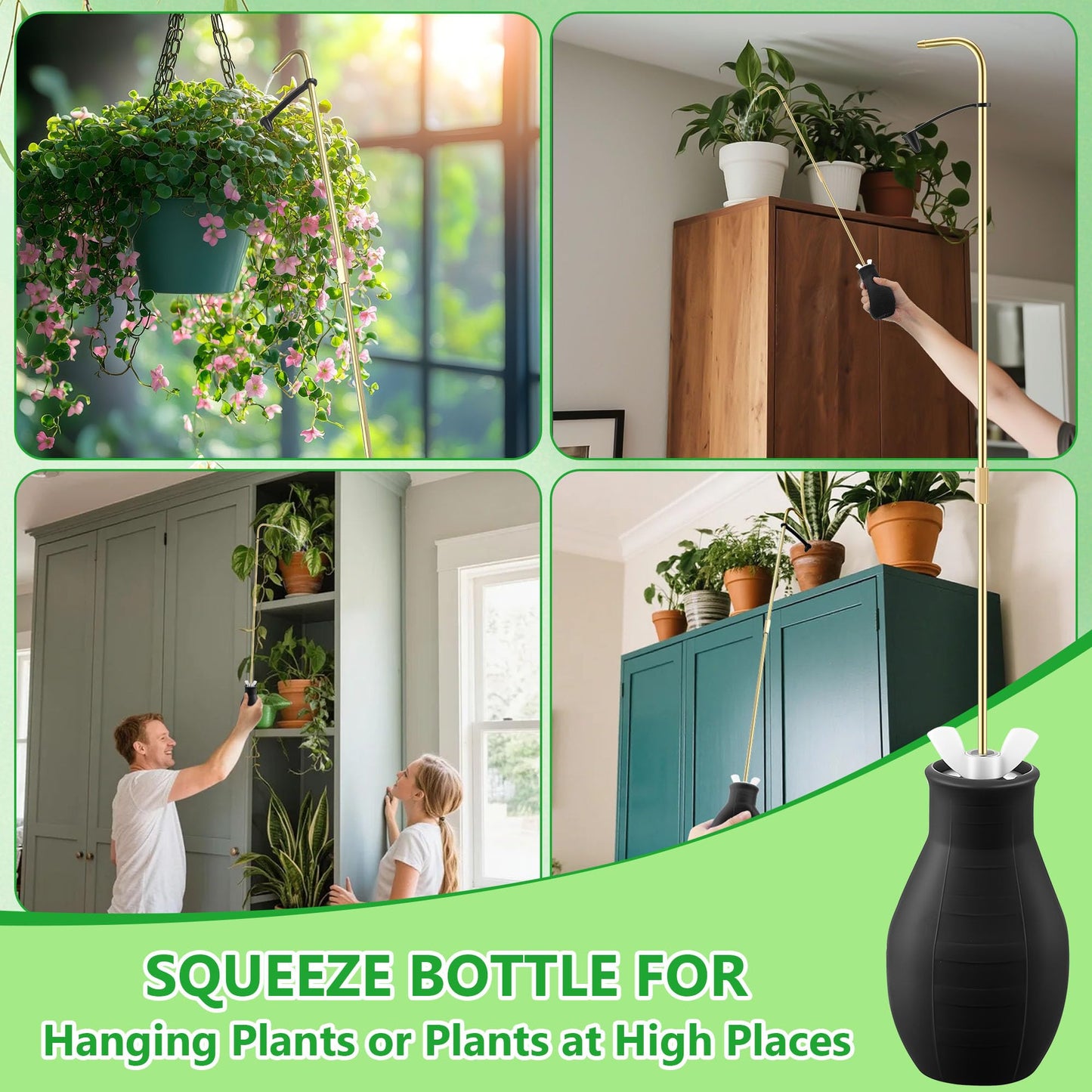 Squeeze Bottle for Hanging Plants, 19" Long Spout Plant Watering Bottle, Easy Squeeze Indoor/Outdoor Watering Can Alternative, Precise Sprinkling for Hanging Baskets, Houseplants(Black,8 oz,1 Pack)