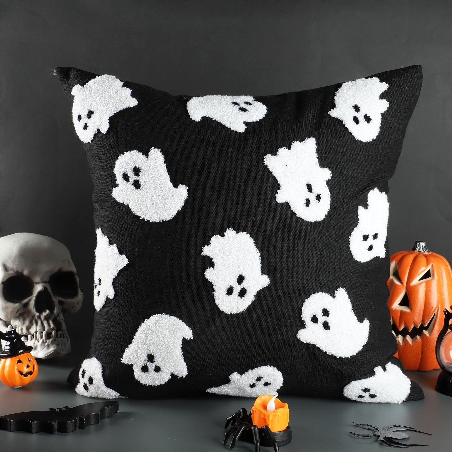 2PCS Halloween Pillow Covers 18 x 18 Inch White Ghost Throw Pillow Cases 3D Embroidered Cushion Covers Halloween Black Decorative Pillowcases for Sofa Couch Bed Living Room Home Indoor Outdoor Decor