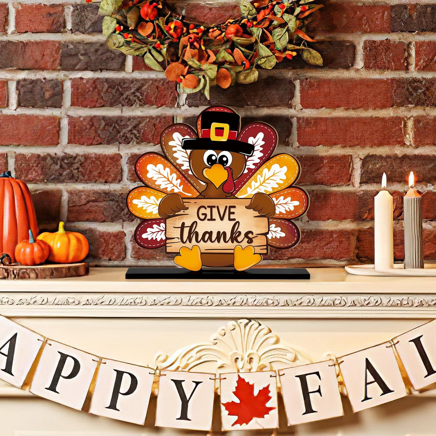 Thanksgiving Decorations Wooden Turkey Table Sign Fall Pumpkin Autumn Table Centerpieces Standing Tabletop Happy Thanksgiving for Holiday Harvest Home Room shelf Farmhouse Decorations Thanks Gives