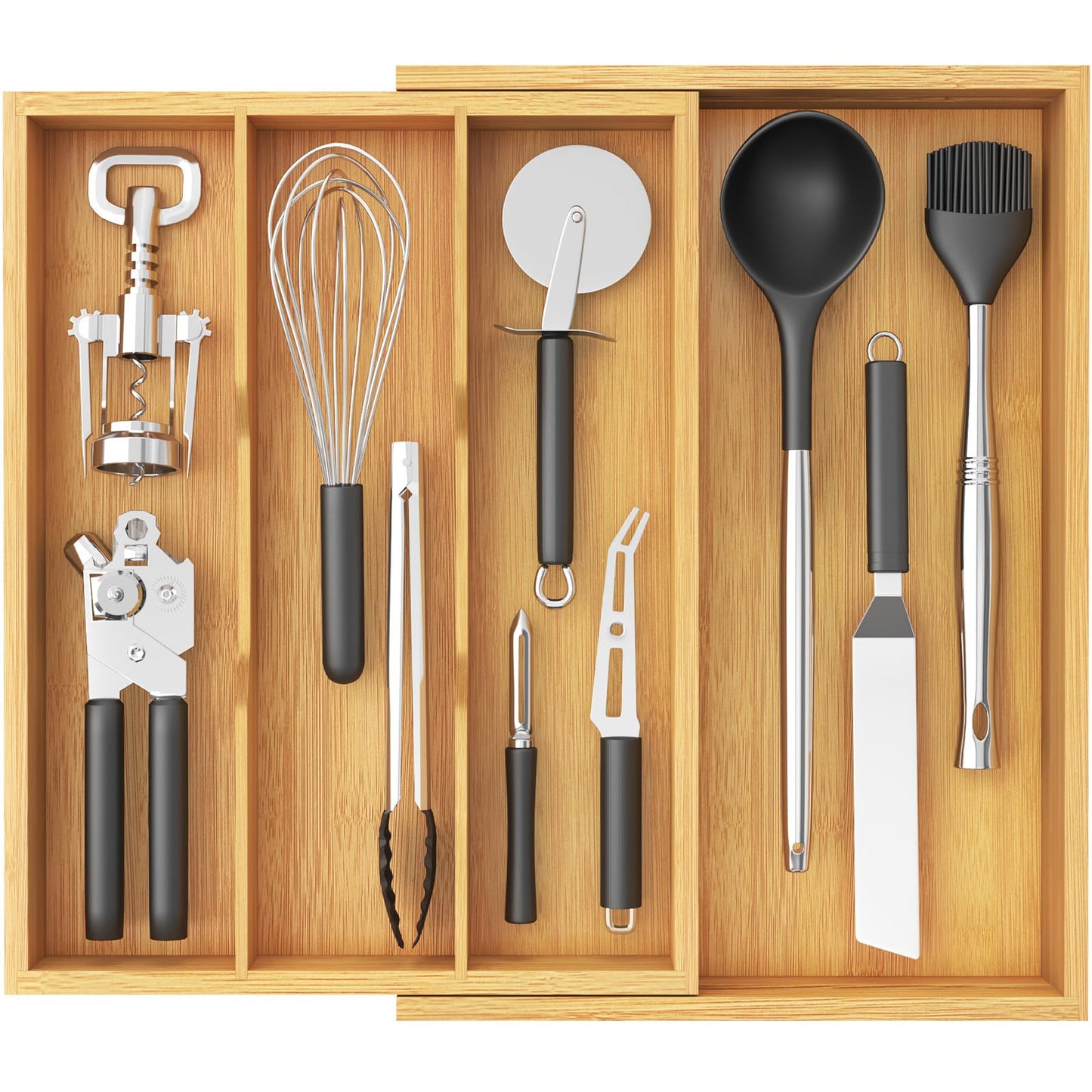 Lifewit Utensil Organizer for Kitchen Drawer, Expandable 13 to 22.4 Inches Wide, Adjustable Cooking Silverware Tray, Bamboo Cutlery Flatware Holder, Spatula Tools and Gadgets Storage Divider, Natural