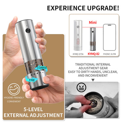 Mini Electric Salt and Pepper Grinder Stainless steel, USB Rechargeable, Small Automatic Salt Pepper Mill Grinder, Travel/Outdoor BBQ/Children, One-Button Control,External Adjustable Coarseness