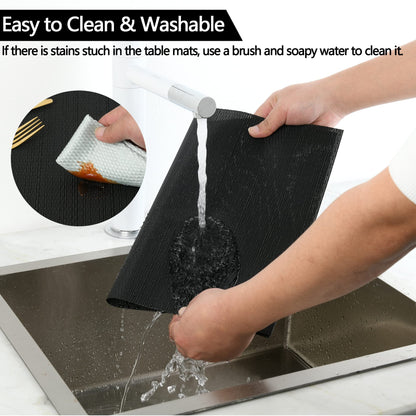 SLKQG Black Placemats Set of 6 - Easy Clean Washable Vinyl Placemats - Wipeable Heat Proof Table Mats for Dining Table - 17x12 Inch (Pure Black, 6)