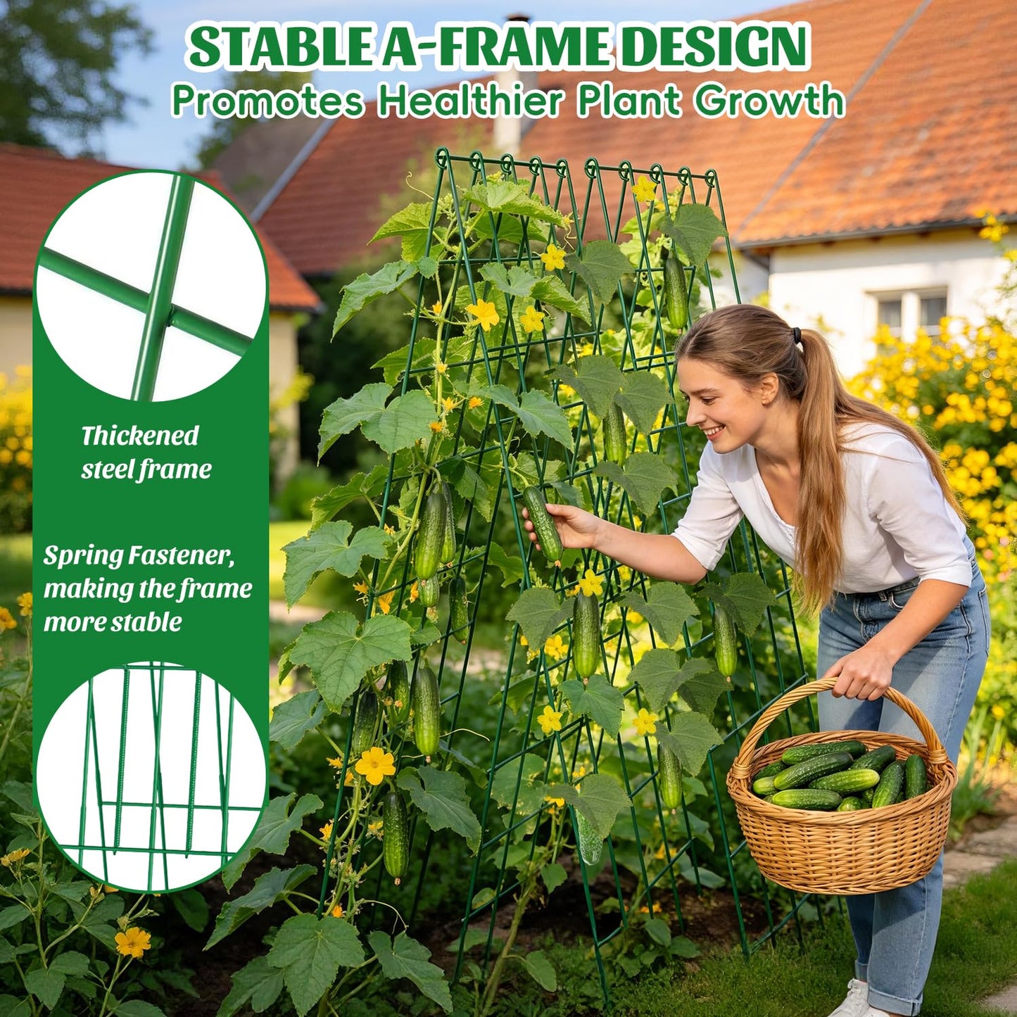 DOLEMODUO 2 Pack Cucumber Trellis, 60inch A-Frame Rustproof Steel Wire Garden Trellis for Raised Beds, Heavy Duty Climbing Plants Supports for Cucumber,Tomato, Climbing Plants and Flowers