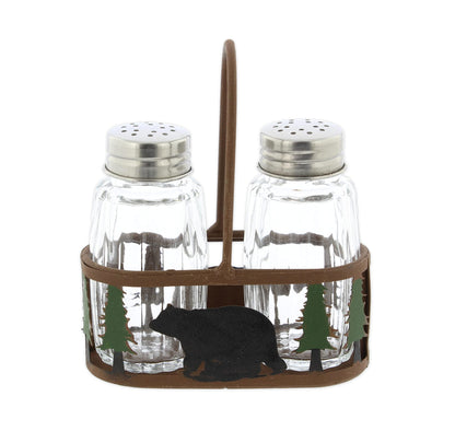 Distinctive Designs Black Bear and Pines Salt and Pepper Shaker Holder Set - 3 Piece Set - Bear Salt and Pepper Shakers - Rustic Lodge Kitchen Tabletop Cabin Decor