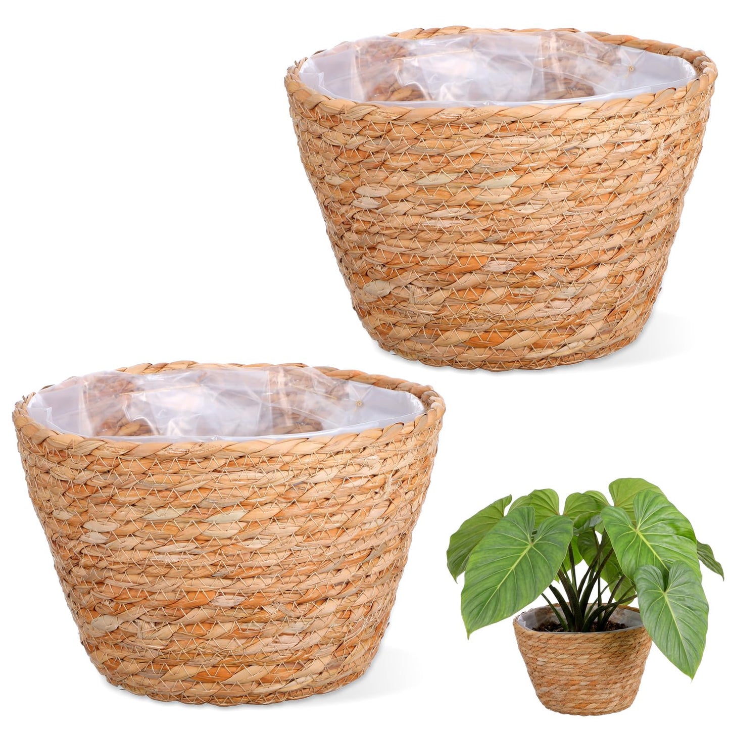Leooomap 2 Pack Straw Woven Plant Basket with Plastic Liner, Natural Rattan Flower Pot Cover for Indoor Potted Plants, Farmhouse Boho Home Floor Decor - 9.04x9.04x6.48 Inches