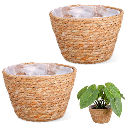 Leooomap 2 Pack Straw Woven Plant Basket with Plastic Liner, Natural Rattan Flower Pot Cover for Indoor Potted Plants, Farmhouse Boho Home Floor Decor - 9.04x9.04x6.48 Inches