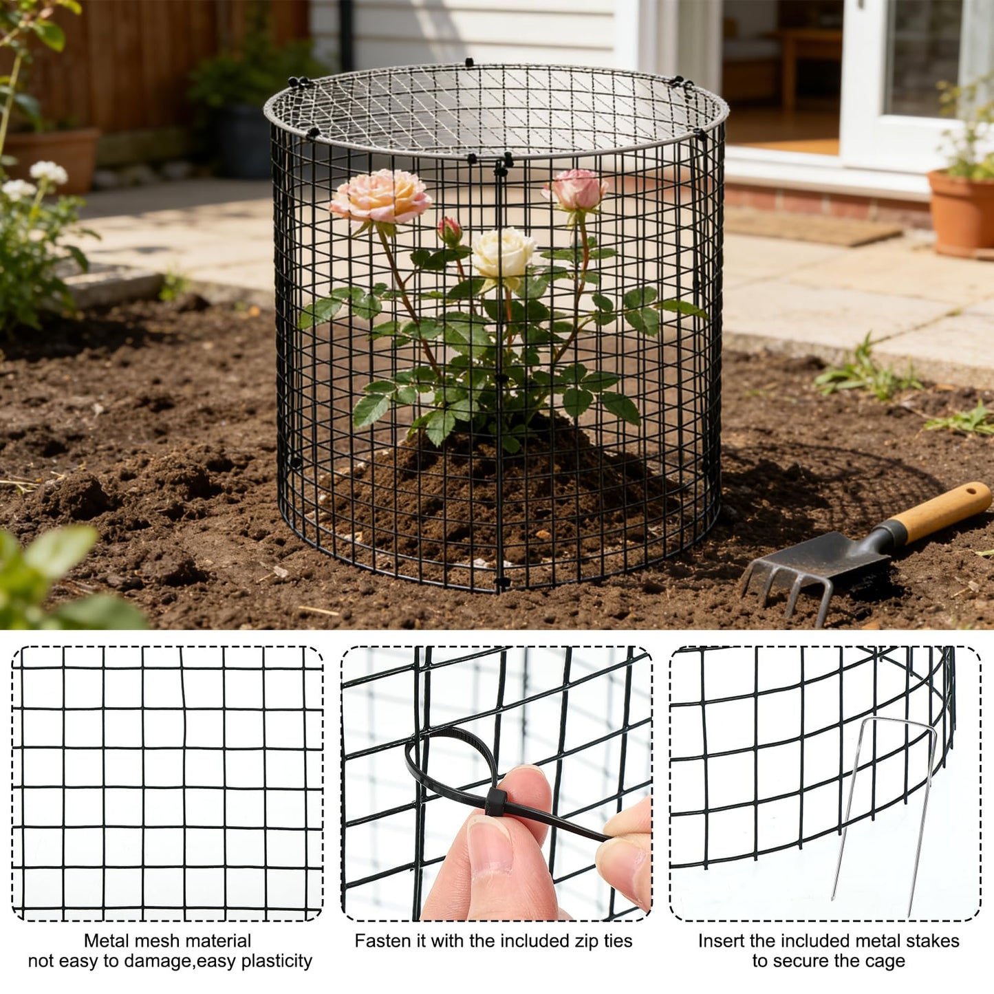 10 Sets 12"x 12" Garden Plant Protectors from Animals with Detachable Covers Metal Plant Cage Chicken Wire Cloche with Ground Stakes & Nylon Tie Wire Plant Cage to Keeping Bunny Animals Out Chicken