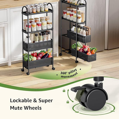 KINGRACK 4-Tier Slim Storage Cart with Pull Out Basket, Rolling Bathroom Organizer Utility, Metal Shelving Unit Slide Out, Lockable Wheels, Easy Assembly for Narrow Place, Kitchen, Laundry Room, Black