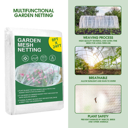 Garden Netting Kit for Raised Beds, 8x24Ft Ultra Fine Mesh Netting with 6 Sets Garden Hoops, Plant Row Cover Insect Netting Birds Pest Barrier Net for Vegetable Fruit Flowers