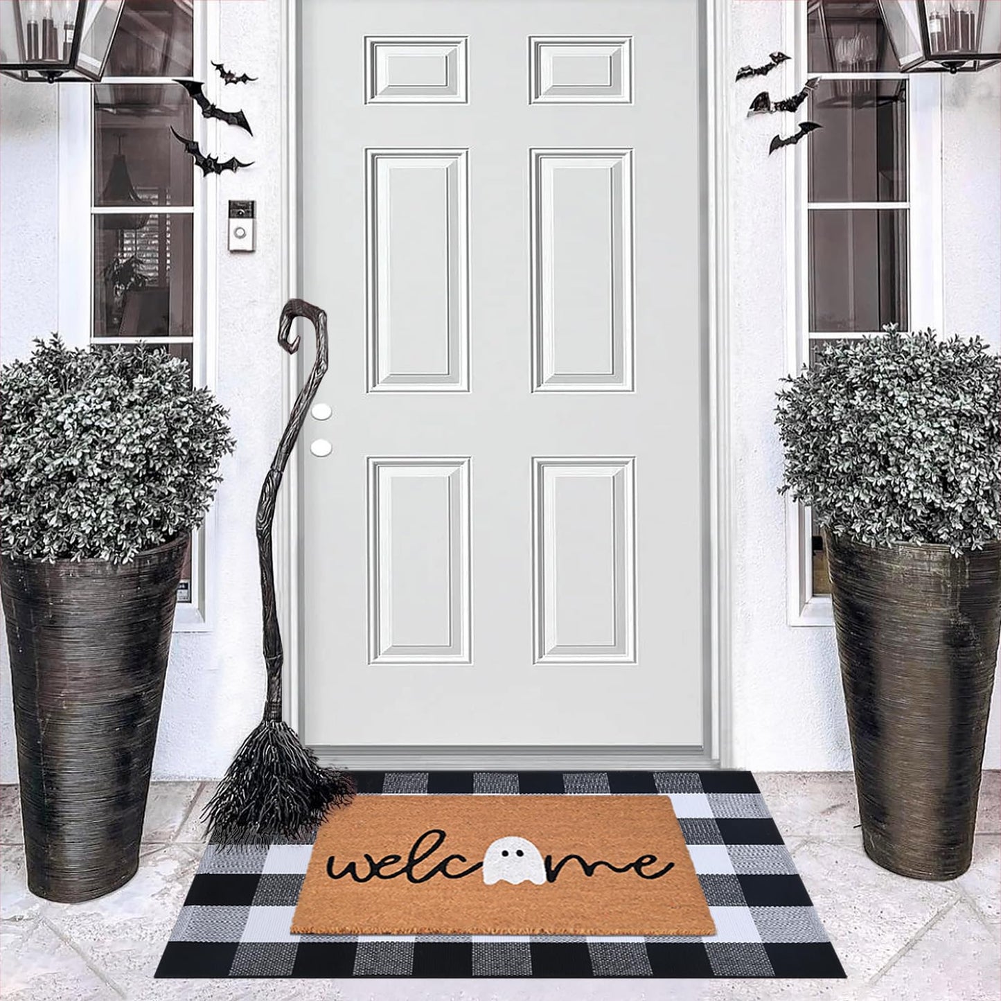 Halloween Door Mat Combo Set, Welcome Ghost Coco Coir Welcome Doormat + 28" x 43" Black and White Plaid Rug, Autumn Halloween Front Porch Entryway Decor Floor Mat