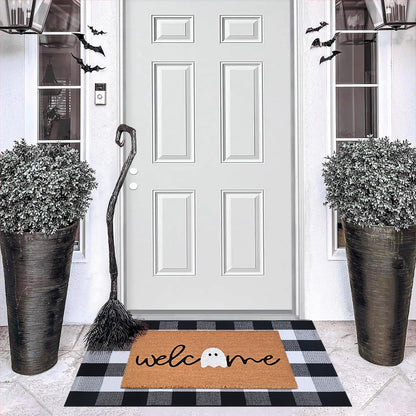 Halloween Door Mat Combo Set, Welcome Ghost Coco Coir Welcome Doormat + 28" x 43" Black and White Plaid Rug, Autumn Halloween Front Porch Entryway Decor Floor Mat