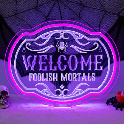 DREAMFORT Welcome Foolish Mortals Neon Sign - Haunted Mansion LED Wall Decor for Christmas, Horror Parties & Themed Bars, USB-Powered with Adjustable Brightness, Spooky Flicker Effect