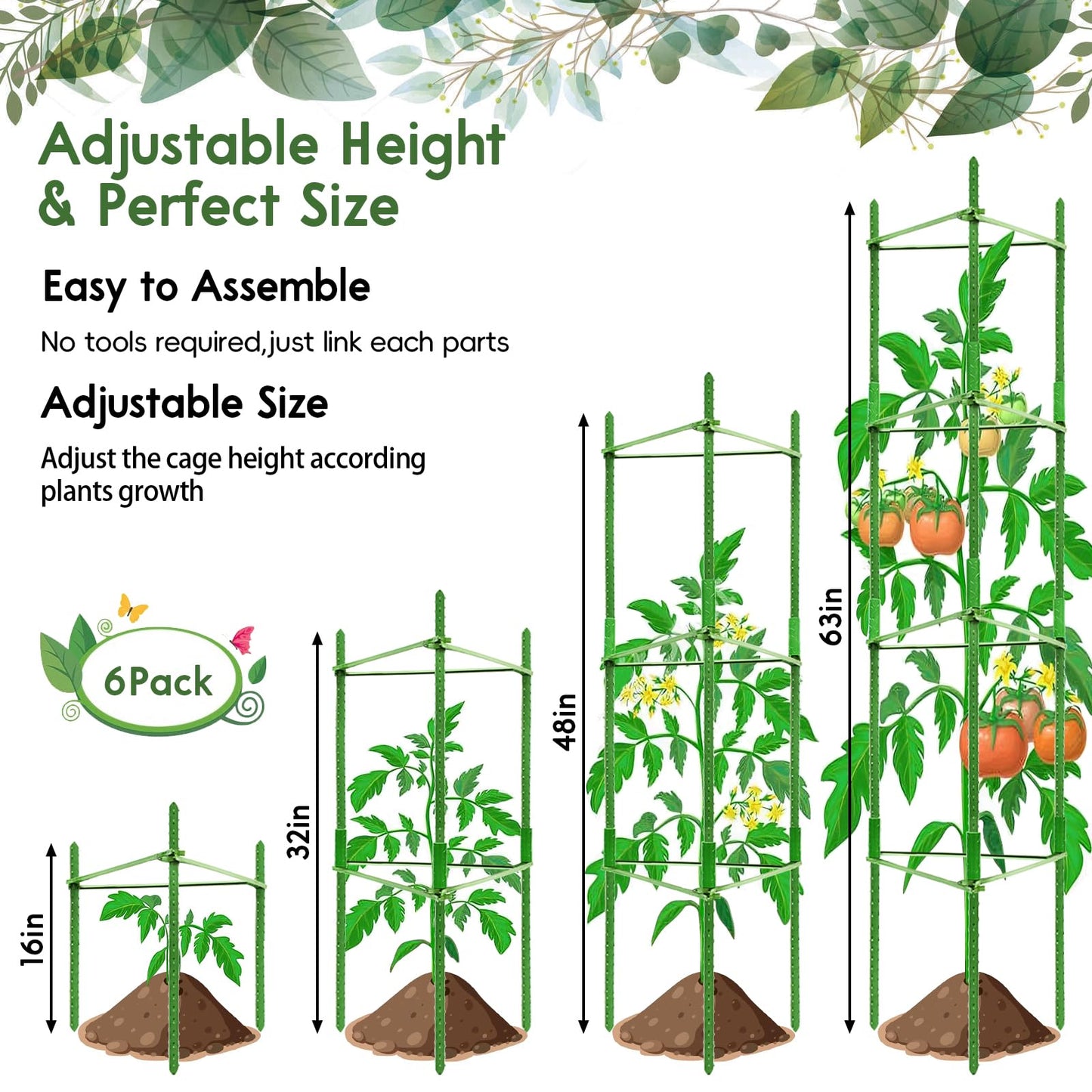 Riare 6 Pack 5.2 FT Tomato Cages for Garden- 63inches Heavy Duty Garden Stakes, Adjustable Tall Tomato Plant Support Tomato Trellis Cage for Pots, Raised Garden Bed, Climbing Vegetables Plants Flowers
