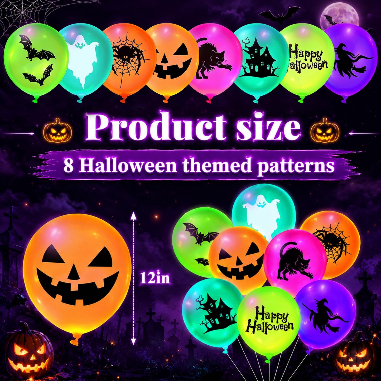 Junkin 80 Pcs Summer Halloween Neon Decoration Glow in The Dark UV Neon Balloons Blacklight Reactive Fluorescent Latex Balloon Pumpkin Ghost Witch Spider Halloween Glow Pool Birthday Party Supplies