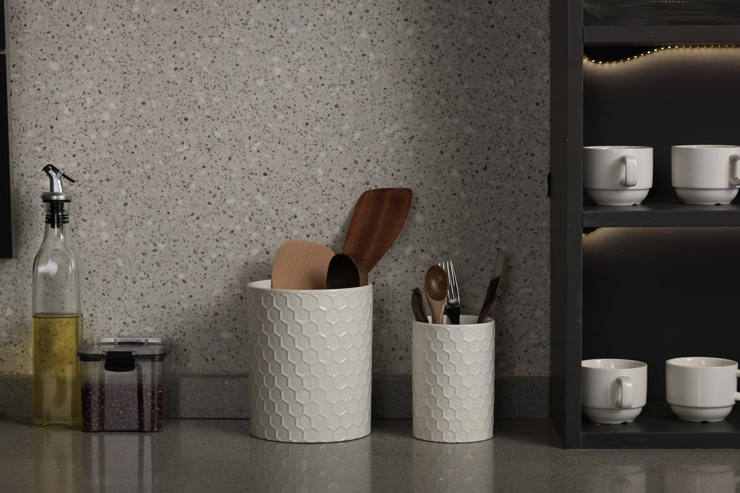 Docrin Ceramic Kitchen Utensil Holder 2 Pack - 6.8"+5.1" Inch Countertop Storage Organizer, Non-Slip Base, Easy to Clean, Elegant White Ceramic Utensil Crocks for Spatulas, Spoons, Cooking Gadgets