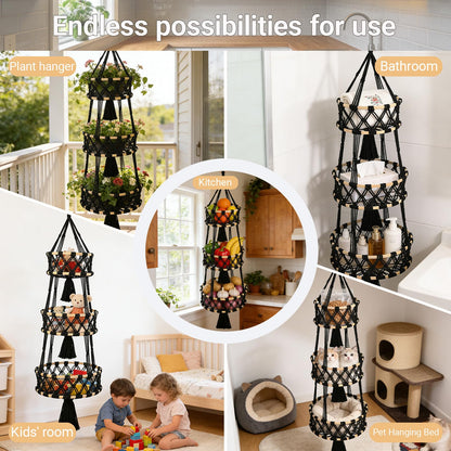 Halidali 3 Tier Hanging Fruit Baskets for Kitchen, Macrame Plant Hanger Cotton Rope Handwoven Hammock Produce Storage Organizer Basket for Plants Holder, Vegetable, Onion, Potato (Black)
